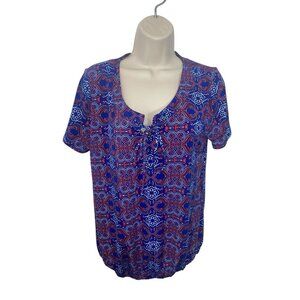 41 Hawthorn Women's Size Medium Red White Blue Blouse Elastic Banded Hem